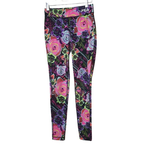 Fila Sport Womens Performance Leggings M Vibrant Floral Sportswear Gym Y2K Fit - Picture 1 of 6